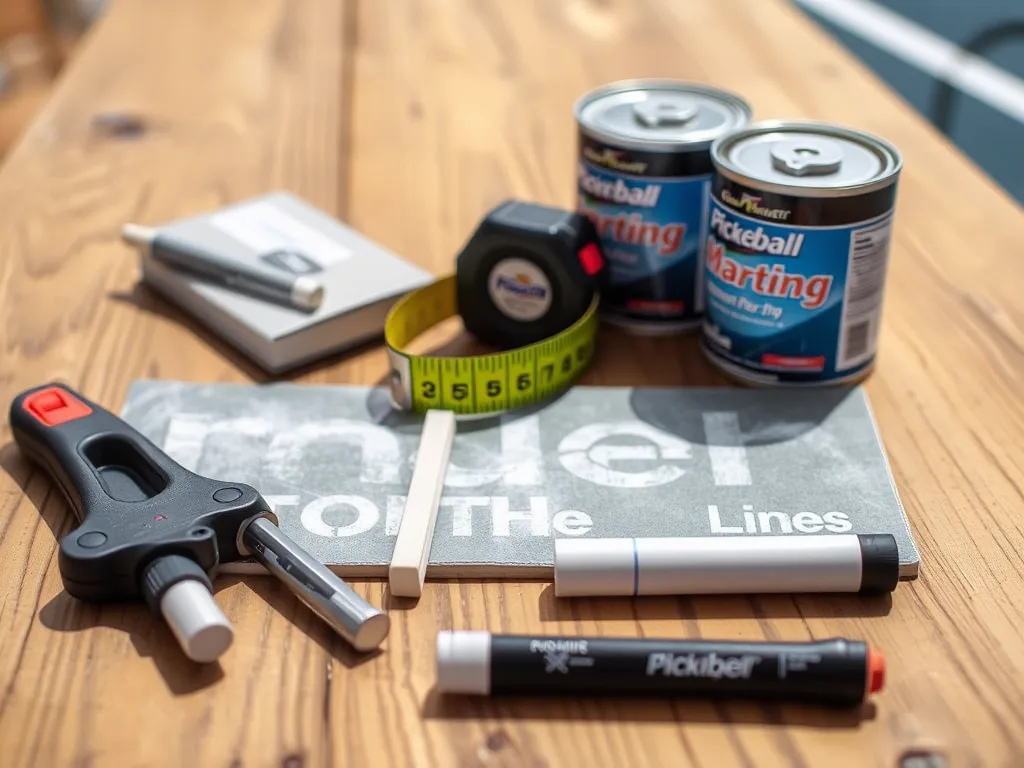 Dụng cụ kẻ sân Pickleball tối ưu chi phí, đúng chuẩn quốc tế, gồm thước đo, máy đánh dấu phấn và sơn trên bàn gỗ.