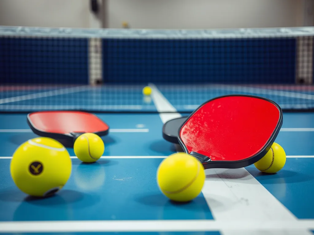 Góc cận cảnh vợt và bóng pickleball trên sân chơi có lưới, minh họa đặc điểm kỹ thuật của trang bị.