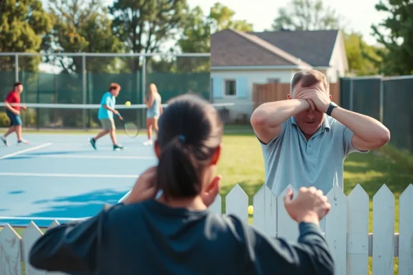 Hai cảnh đối lập: người chơi pickleball vui vẻ trên sân và người hàng xóm bực bội bịt tai vì tiếng ồn, minh họa cho vấn đề phàn nàn tiếng bóng pickleball quá to