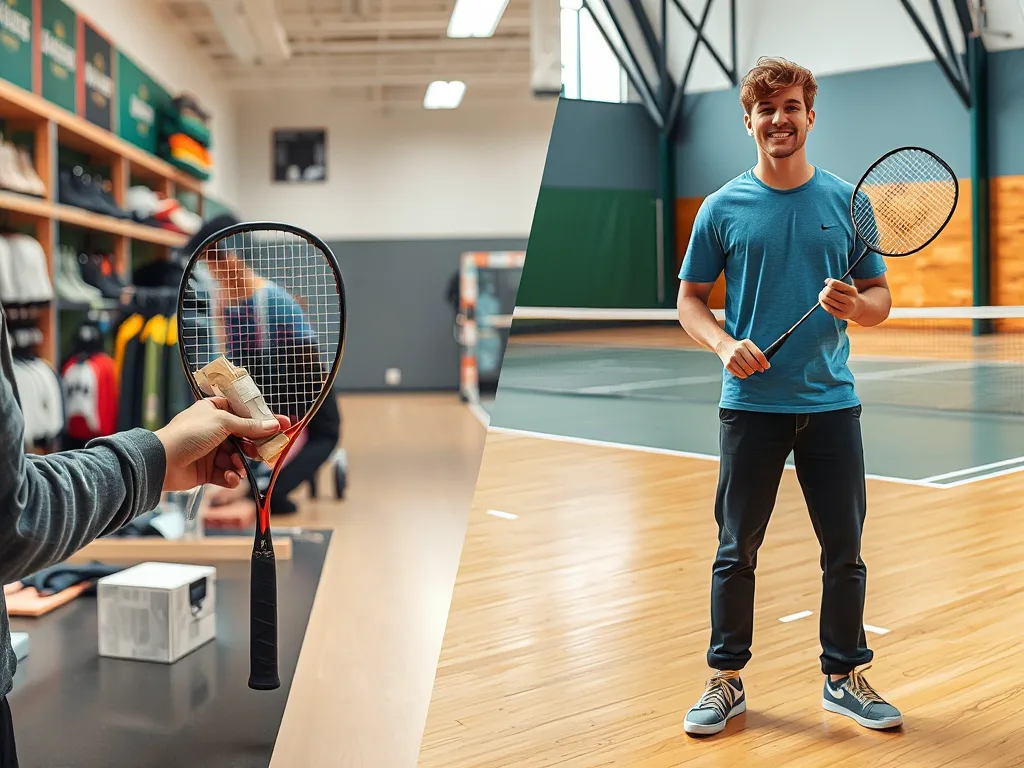 Hai cảnh so sánh: người thuê vợt tại quầy sân và người sở hữu vợt cá nhân, minh họa cho bài review dịch vụ thuê vợt tại sân. Hai cảnh so sánh: người thuê vợt tại quầy sân và người sở hữu vợt cá nhân, minh họa cho bài review dịch vụ thuê vợt tại sân.