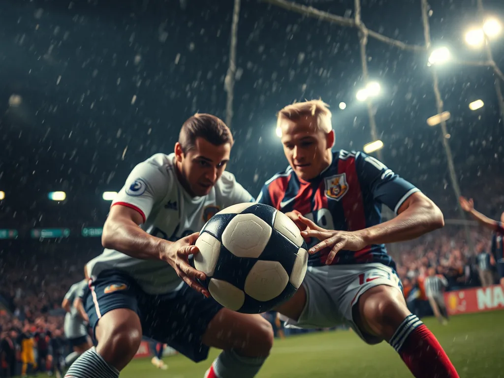 Hai cầu thủ tranh bóng quyết liệt trong vùng cấm, nơi quyết định thắng bại của trận đấu bóng đá đỉnh cao. Hai cầu thủ tranh bóng quyết liệt trong vùng cấm, nơi quyết định thắng bại của trận đấu bóng đá đỉnh cao.