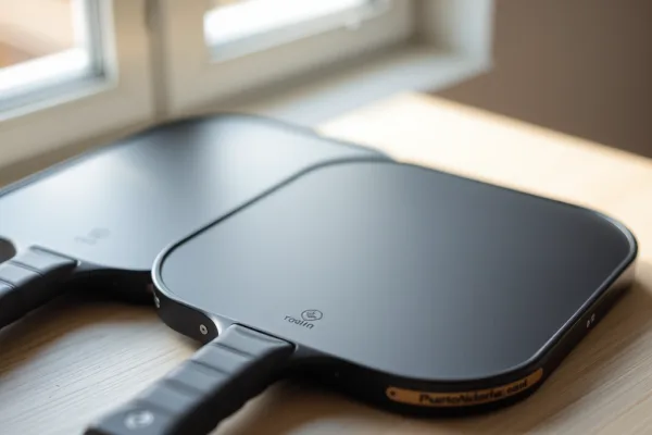 Hai cây vợt pickleball Beesoul sản xuất tại Việt Nam trên mặt bàn gỗ, ánh sáng tự nhiên, thiết kế đơn giản, chất lượng cao.