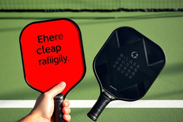 Hai cây vợt pickleball giá rẻ dưới 1 triệu và vợt chuyên nghiệp trên sân, tay người chơi cầm vợt rẻ, thể hiện sự so sánh chất lượng.