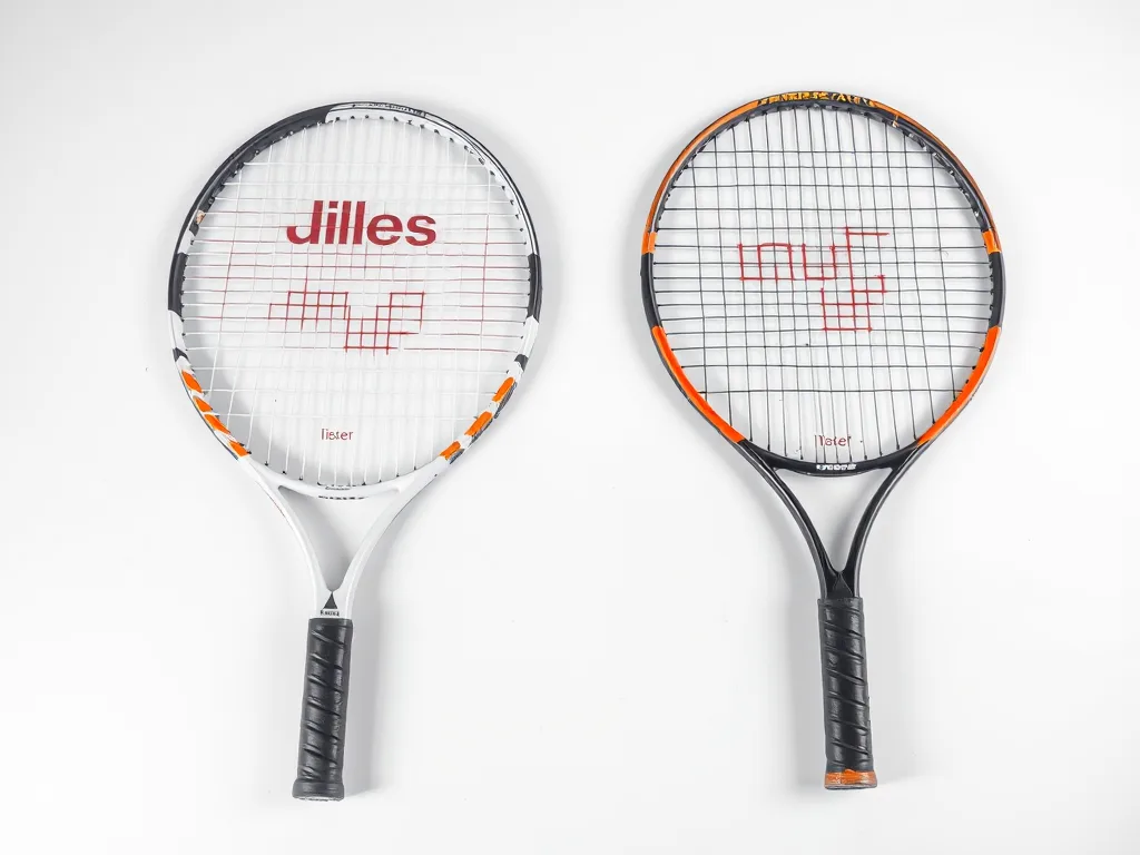 Hai cây vợt tennis được đặt cạnh nhau, một cây chính hãng với mặt lưới đều và logo rõ ràng, cây kia là vợt nhái với chỉnh sửa thô sơ và chất liệu kém, minh họa cho bài phân biệt vợt chính hãng và v...