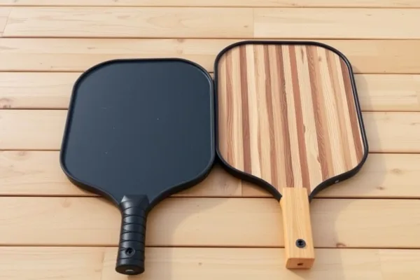 Hai chiếc vợt pickleball hình oval và hình chữ nhật được đặt cạnh nhau trên sân gỗ để so sánh hình dạng khác nhau.