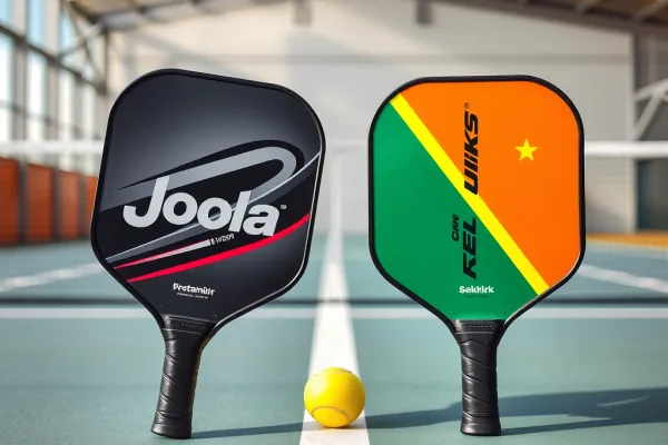 Hai chiếc vợt pickleball Joola và Selkirk được đặt đối diện nhau trên sân chơi hiện đại, phía sau là bản đồ Việt Nam mờ, thể hiện cuộc cạnh tranh giữa hai thương hiệu lớn.
