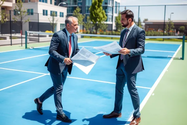 Hai doanh nhân đang thảo luận kế hoạch đầu tư xây dựng sân Pickleball hiện đại trên mặt sân màu xanh dương, phong cách chụp ảnh chuyên nghiệp ngoài trời, thể hiện cơ hội kinh doanh Pickleball.