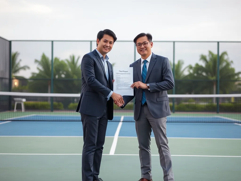 Hai doanh nhân Việt Nam trong trang phục công sở bắt tay trên sân pickleball, tay cầm hợp đồng trắng, sân có lưới và vạch màu xanh rõ ràng Hai doanh nhân Việt Nam trong trang phục công sở bắt tay trên sân pickleball, tay cầm hợp đồng trắng, sân có lưới và vạch màu xanh rõ ràng
