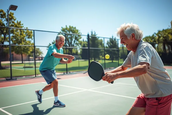 Hai người cao tuổi năng động chơi pickleball trên sân ngoài trời, tư thế chuyển động tự nhiên, thể hiện lối sống lành mạnh, ánh sáng ban ngày.