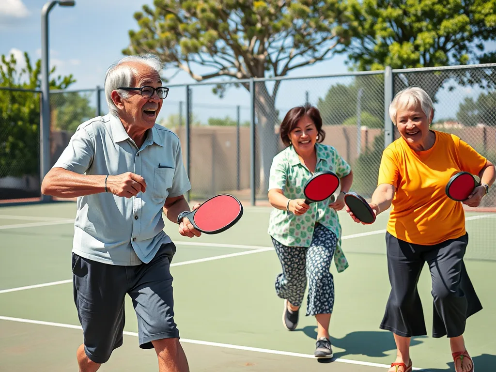 Hai người cao tuổi Việt Nam đang chơi pickleball sôi nổi trên sân ngoài trời, thể hiện sự năng động và vui vẻ. Hai người cao tuổi Việt Nam đang chơi pickleball sôi nổi trên sân ngoài trời, thể hiện sự năng động và vui vẻ.