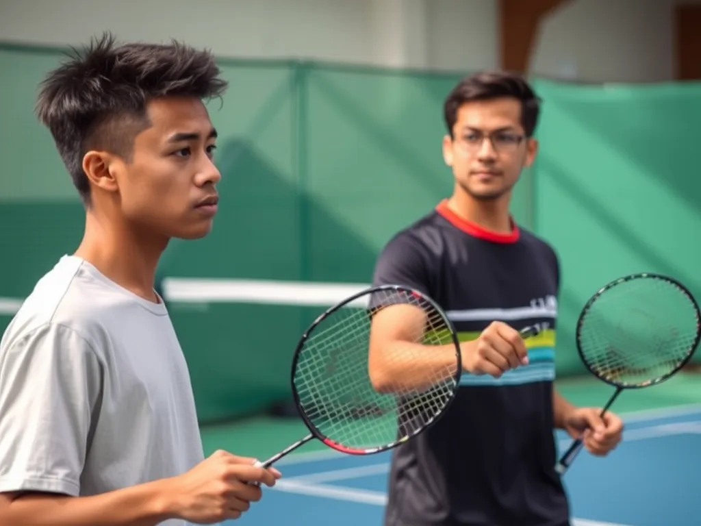 Hai người chơi cầu lông trên sân, một cầm vợt thuê và một cầm vợt riêng, liên quan đến bài review dịch vụ thuê vợt Hai người chơi cầu lông trên sân, một cầm vợt thuê và một cầm vợt riêng, liên quan đến bài review dịch vụ thuê vợt