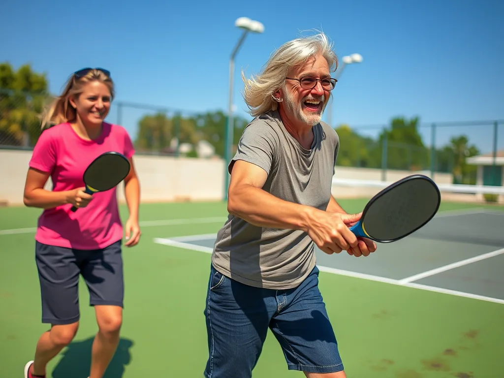 Hai người chơi pickleball cười tươi trên sân ngoài trời, thể hiện lợi ích tinh thần và sự vui vẻ từ môn thể thao này.