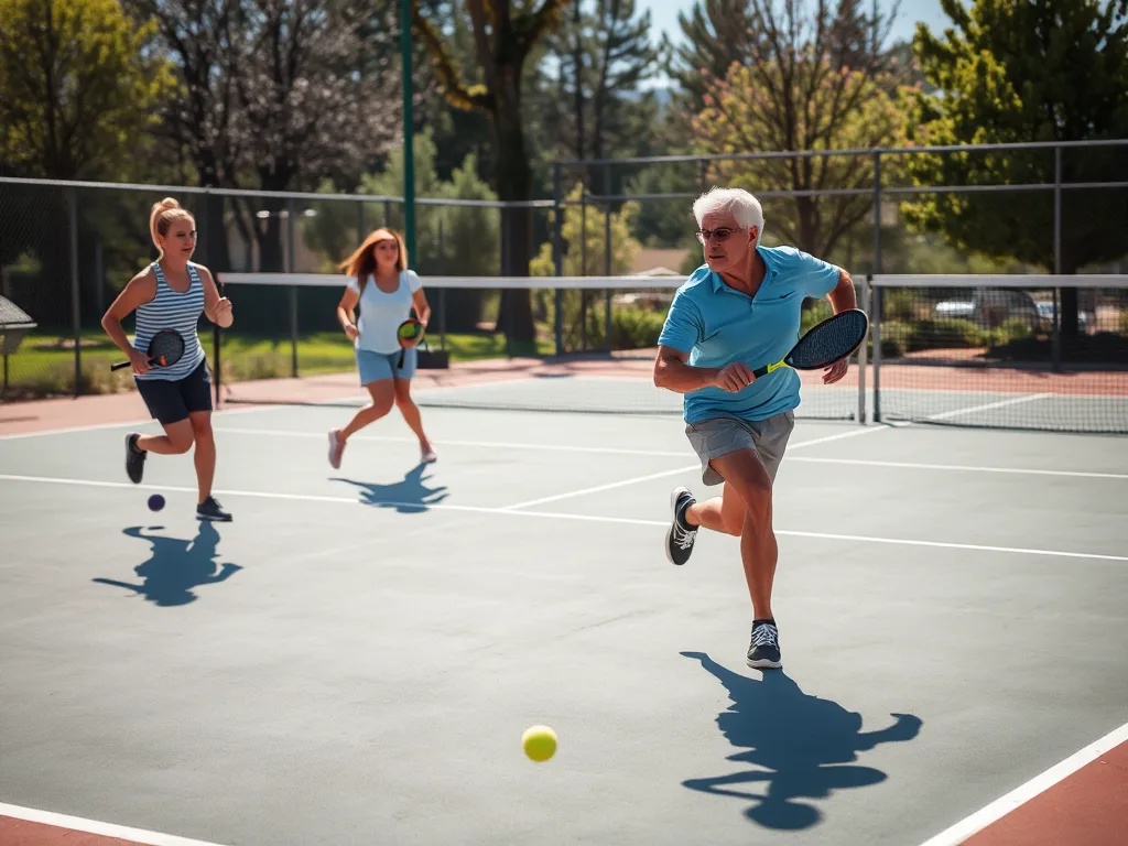 Hai người chơi Pickleball đang vận động mạnh mẽ trên sân ngoài trời, một người chạy để đón bóng, thể hiện cường độ cao và lợi ích cho tim mạch. Hai người chơi Pickleball đang vận động mạnh mẽ trên sân ngoài trời, một người chạy để đón bóng, thể hiện cường độ cao và lợi ích cho tim mạch.