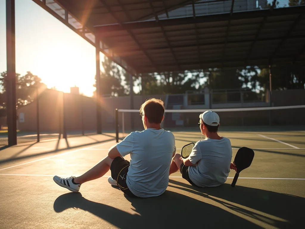 Hai người chơi pickleball nghỉ ngơi dưới bóng râm tại sân ngoài trời vào buổi chiều, tránh khung giờ 10h-16h nguy hiểm để bảo vệ da.
