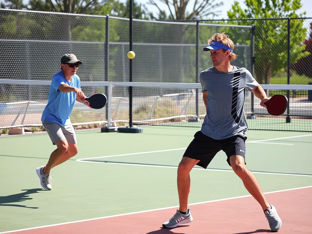 Hai người chơi pickleball thi đấu trong pha bóng quyết định điểm số, bóng bay gần đường biên, sân ngoài trời nắng đẹp, phong cách nhiếp ảnh thể thao. Hai người chơi pickleball thi đấu trong pha bóng quyết định điểm số, bóng bay gần đường biên, sân ngoài trời nắng đẹp, phong cách nhiếp ảnh thể thao.