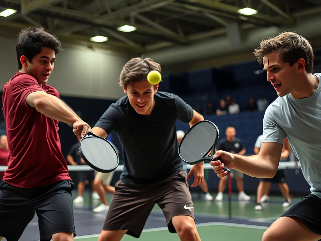 Hai người chơi pickleball trong sân trong nhà, chuyển động nhanh, đập vợt mạnh, thể hiện cường độ vận động cao thực tế. Hai người chơi pickleball trong sân trong nhà, chuyển động nhanh, đập vợt mạnh, thể hiện cường độ vận động cao thực tế.