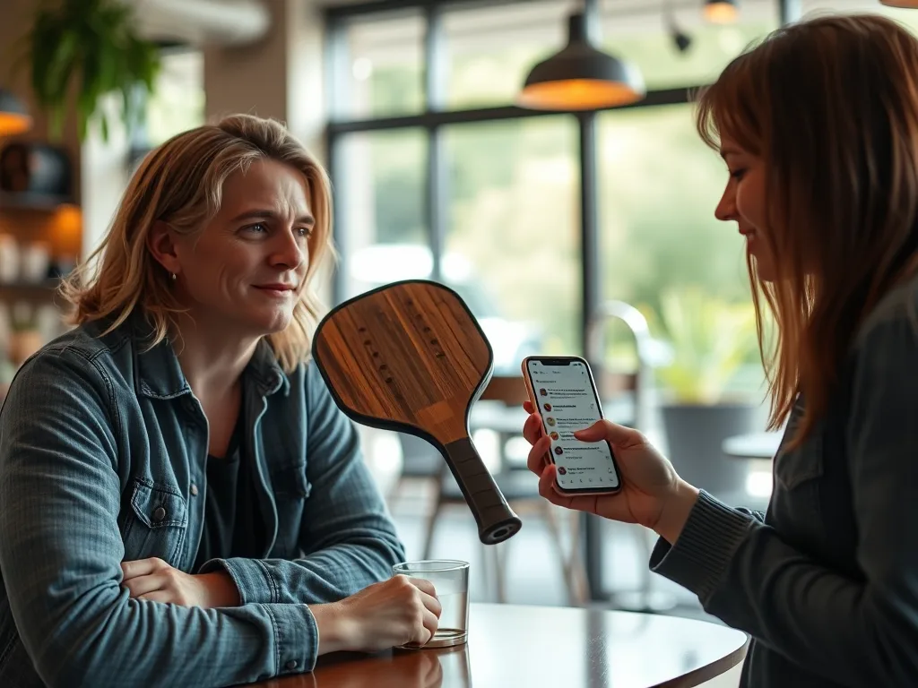 Hai người gặp mặt tại quán cà phê, trao đổi vợt Pickleball cũ và kiểm tra tin nhắn nhóm để xác minh uy tín, kinh nghiệm mua vợt Pickleball cũ an toàn.
