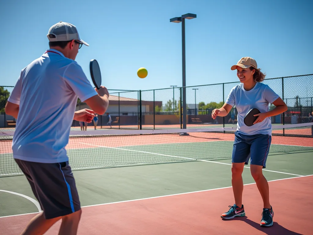 Hai người mới chơi pickleball tập luyện cơ bản trên sân, tập trung vào khu vực kitchen, thể hiện luật chơi cơ bản trong hướng dẫn pickleball.