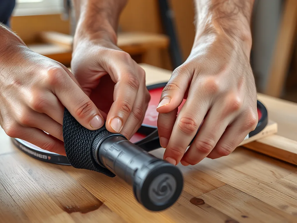 Hai tay đang bọc cán vợt Pickleball bằng hai loại overgrip: cao su PU và vải dệt, trên bàn gỗ, thể hiện vật liệu khác nhau cho cách bọc cán vợt Pickleball chuyên nghiệp.