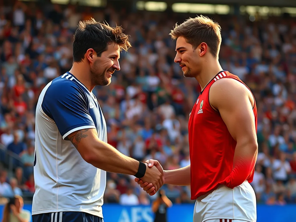 Hai vận động viên bắt tay sau trận đấu trong sân vận động, người thắng mỉm cười khiêm tốn, thể hiện tinh thần thắng không kiêu. Hai vận động viên bắt tay sau trận đấu trong sân vận động, người thắng mỉm cười khiêm tốn, thể hiện tinh thần thắng không kiêu.