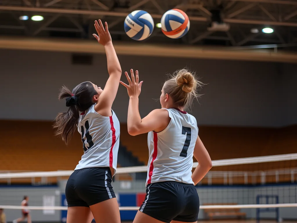 Hai vận động viên bóng chuyền nữ phối hợp nhịp nhàng trên sân trong, một người hô "Mine" khi nhảy dập bóng, người kia giữ vị trí chờ bóng.