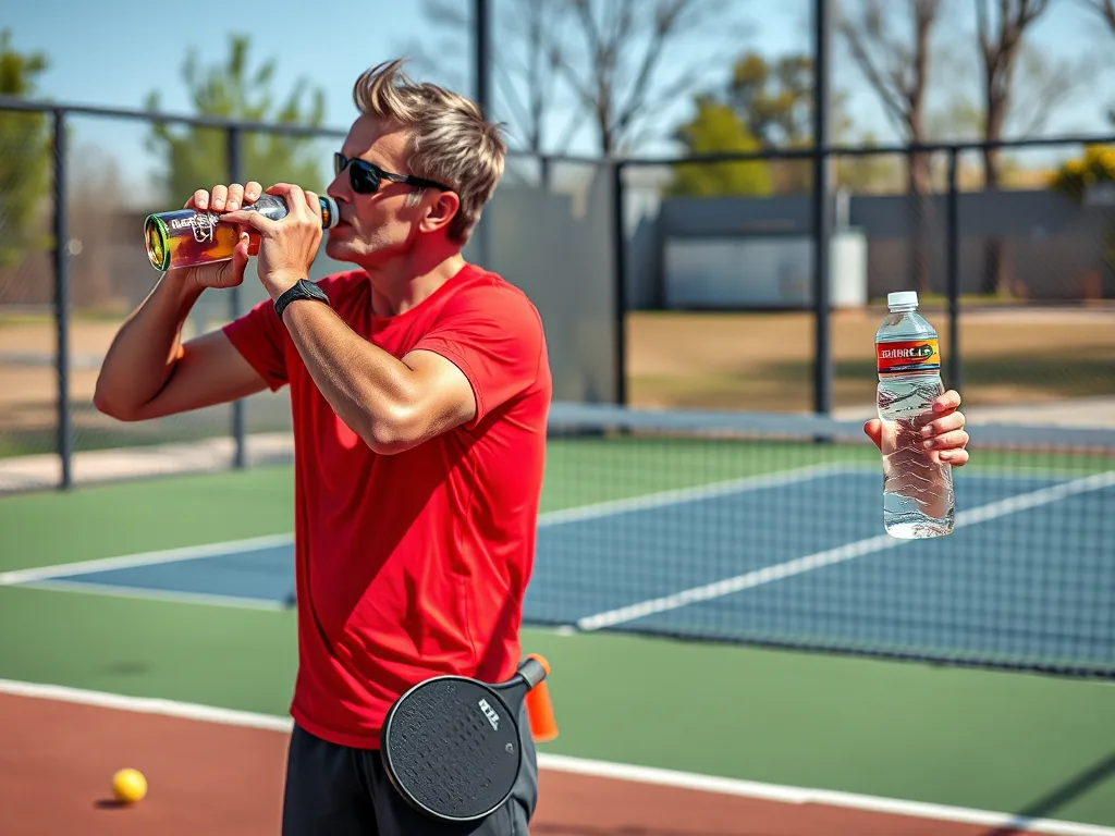 Hai vận động viên chơi pickleball ngoài trời, một người uống nước điện giải từ chai màu sắc, người kia cầm chai nước lọc, ánh nắng chói chang. Hai vận động viên chơi pickleball ngoài trời, một người uống nước điện giải từ chai màu sắc, người kia cầm chai nước lọc, ánh nắng chói chang.