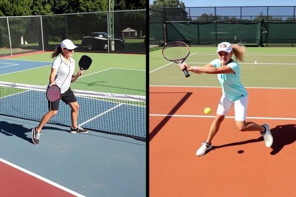 Hai vận động viên đang chơi pickleball và tennis trên sân ngoài trời, thể hiện vận động mạnh trong so sánh Pickleball và Tennis: Môn nào thực sự "đốt" nhiều calo hơn?