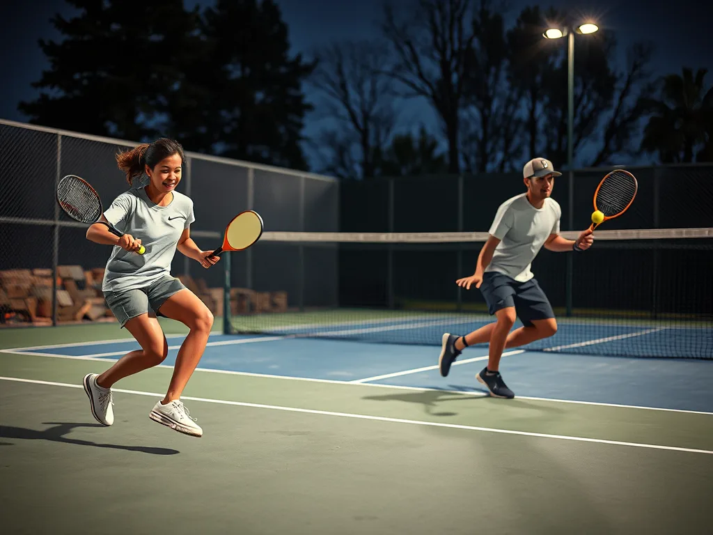 Hai vận động viên đang thi đấu, một chơi pickleball trên sân nhỏ với bóng nhựa, một chơi tennis trên sân lớn với bóng tennis, thể hiện sự so sánh trực tiếp hai môn thể thao.