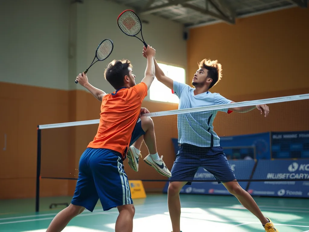 Hai vận động viên đánh đôi cầu lông đang phối hợp tấn công theo chiến thuật Stacking, một người nhảy dương cánh đập còn một người sẵn sàng chặn net trên sân trong nhà. Hai vận động viên đánh đôi cầu lông đang phối hợp tấn công theo chiến thuật Stacking, một người nhảy dương cánh đập còn một người sẵn sàng chặn net trên sân trong nhà.