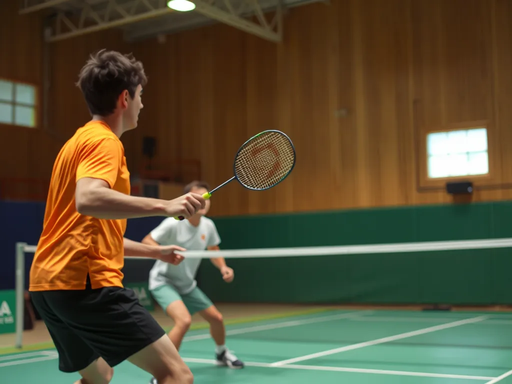 Hai vận động viên đôi thực hiện chiến thuật Stacking khi giao và trả bóng trên sân cầu lông trong phòng tập thể thao. Hai vận động viên đôi thực hiện chiến thuật Stacking khi giao và trả bóng trên sân cầu lông trong phòng tập thể thao.