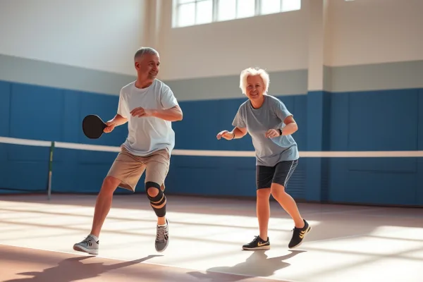 Hai vận động viên pickleball đang chơi trên sân trong nhà, một người đeo bảo vệ đầu gối, chụp từ góc động, ánh sáng tự nhiên, thể hiện chơi an toàn để tránh chấn thương khi chơi pickleball