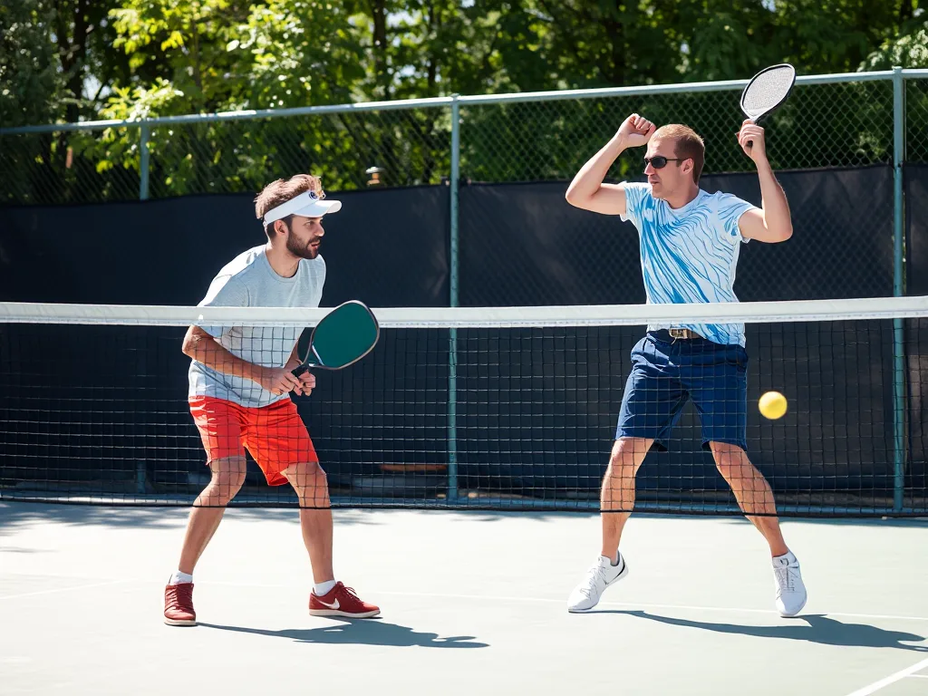 Hai vận động viên pickleball đôi thực hiện kỹ thuật Shake and Bake với cú soft shot và smash mạnh trên sân chơi ngoài trời. Hai vận động viên pickleball đôi thực hiện kỹ thuật Shake and Bake với cú soft shot và smash mạnh trên sân chơi ngoài trời.