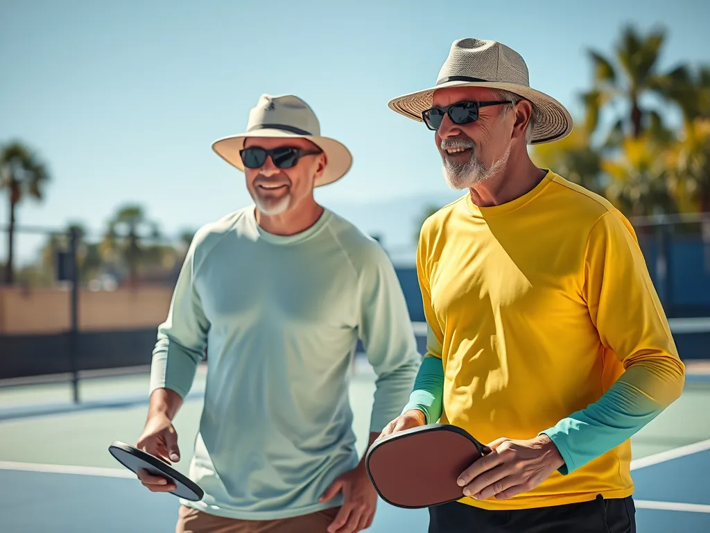 Hai vận động viên pickleball mặc áo thun dài tay UPF 50+ và mũ bảo hiểm chơi trên sân ngoài trời dưới nắng gắt, minh họa cho cách bảo vệ làn da khi chơi Pickleball sân ngoài trời dưới cái nắng 40 độ.