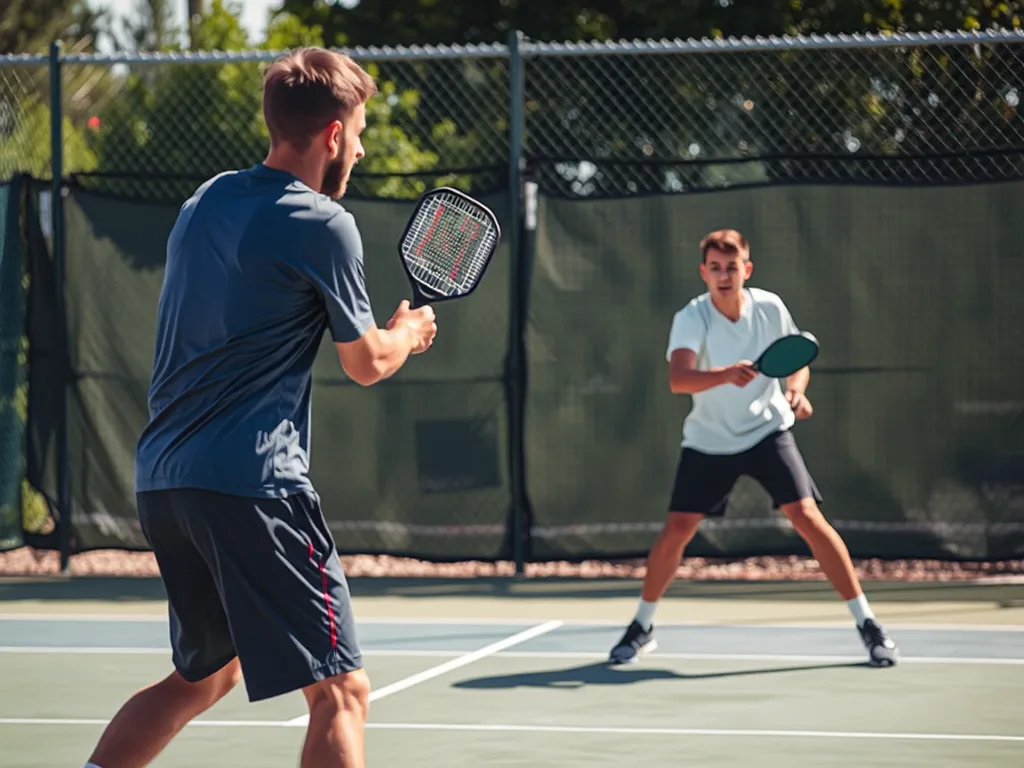 Hai vận động viên pickleball ở cuối sân, một thực hiện cú drive sâu, người kia chuẩn bị di chuyển lên, thể thao ngoài trời, kỹ thuật Shake and Bake. Hai vận động viên pickleball ở cuối sân, một thực hiện cú drive sâu, người kia chuẩn bị di chuyển lên, thể thao ngoài trời, kỹ thuật Shake and Bake.