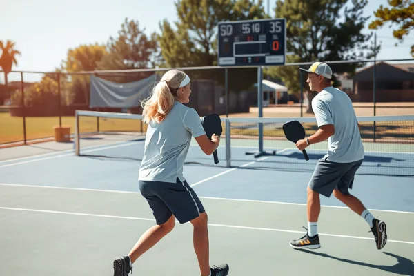 Hai vận động viên pickleball thi đấu trên sân ngoài trời, bảng điểm trống hiển thị, phản ánh cách tính điểm Pickleball dễ hiểu nhất.
