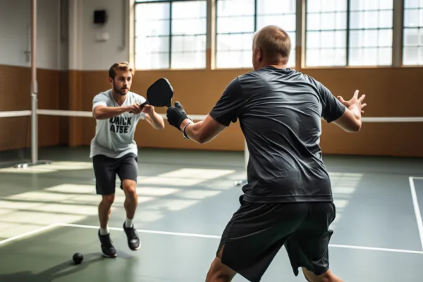 Hai vận động viên pickleball thực hiện chiến thuật tấn công phối hợp Shake and Bake trên sân trong nhà, một người đánh cầu mềm ở lưới, người kia đập mạnh từ phần sau sân, chụp thể thao động lực.