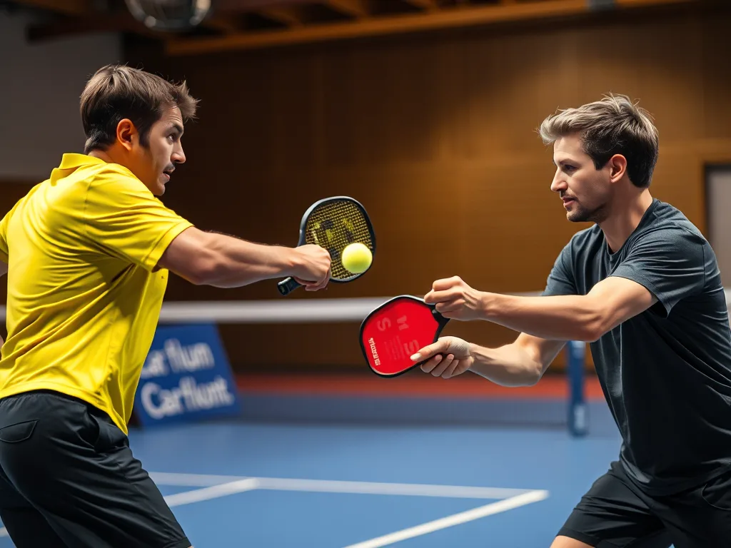 Hai vận động viên pickleball thực hiện cú đánh dink kỹ thuật tại vạch kitchen, quyết định thắng bại trong trận đấu đỉnh cao trên sân trong nhà. Hai vận động viên pickleball thực hiện cú đánh dink kỹ thuật tại vạch kitchen, quyết định thắng bại trong trận đấu đỉnh cao trên sân trong nhà.