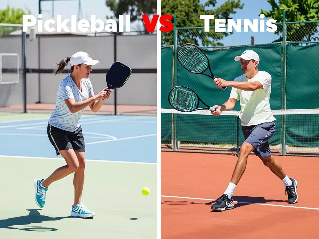 Hai vận động viên trong trang phục thể thao, một người đánh pickleball với vợt và bóng, người kia đánh tennis với vợt và bóng, trên hai sân cát ngoài trời, ánh nắng ban ngày.