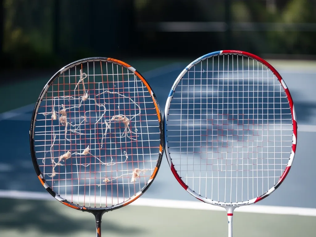 Hai vợt cầu lông được đặt cạnh nhau trên sân, một chiếc cũ kỹ bẩn với dây đứt lìa, chiếc kia mới sạch sẽ, so sánh chất lượng khi thuê vợt và dùng vợt riêng. Hai vợt cầu lông được đặt cạnh nhau trên sân, một chiếc cũ kỹ bẩn với dây đứt lìa, chiếc kia mới sạch sẽ, so sánh chất lượng khi thuê vợt và dùng vợt riêng.