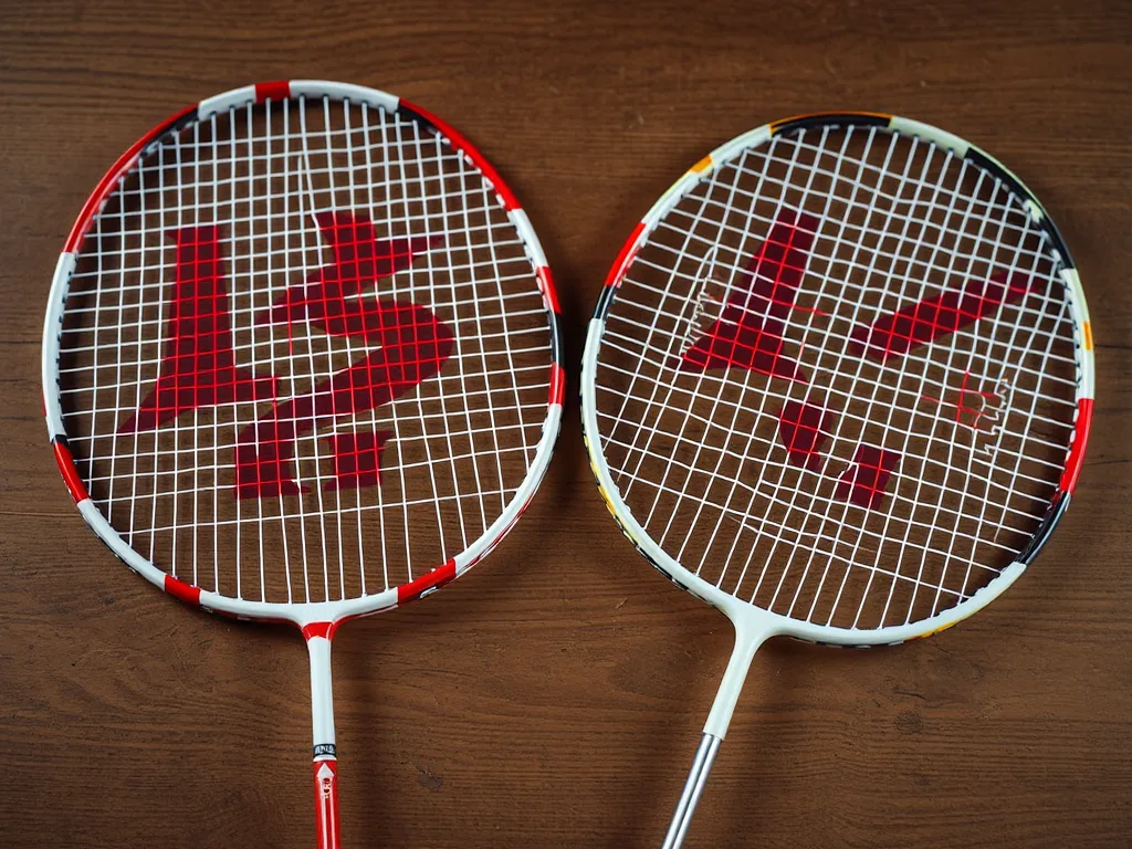 Hai vợt cầu lông được so sánh trên bàn gỗ, một vợt chính hãng với logo rõ nét và một vợt nhái với logo mờ, minh họa cho bài phân biệt vợt chính hãng và vợt "nhái".