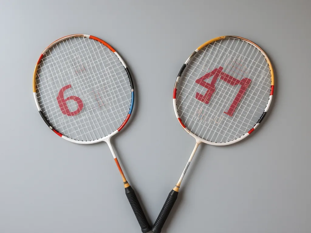 Hai vợt cầu lông được so sánh, vợt chính hãng với logo sắc nét và dây đều, vợt nhái với logo mờ và dây lệch, giúp phân biệt chất lượng.