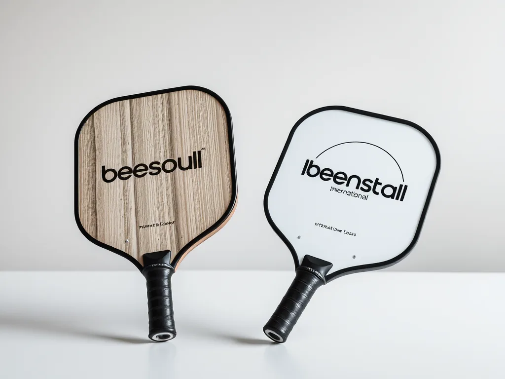 Hai vợt Pickleball Beesoul và thương hiệu quốc tế được đặt cạnh nhau trên bàn gỗ, thể hiện sự so sánh giá trị trong bài review vợt Pickleball 'Made in Vietnam'.