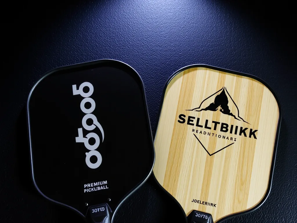 Hai vợt pickleball cao cấp Joola và Selkirk được đặt cạnh nhau trên bề mặt tối, ánh sáng highlight làm nổi bật thiết kế khác biệt, phong cách nhiếp ảnh sản phẩm chuyên nghiệp.