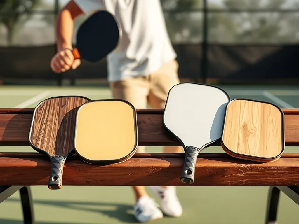 Hai vợt Pickleball hình oval và hình chữ nhật được đặt cạnh nhau trên băng ghế sân, người chơi đang giữ vợt oval chuẩn bị đánh.