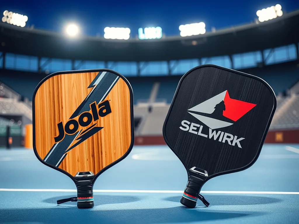 Hai vợt pickleball Joola và Selkirk đối diện nhau trên sân, phía sau là cảnh thi đấu sôi động dưới ánh đèn sân vận động.
