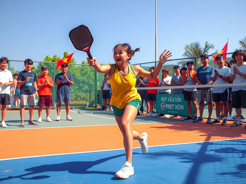 Hồ Ngọc Hà và các sao Việt chơi pickleball trên sân màu sắc, tư thế vung vợt đầy năng lượng, không khí vui vẻ, thể hiện trào lưu thể thao mới. Hồ Ngọc Hà và các sao Việt chơi pickleball trên sân màu sắc, tư thế vung vợt đầy năng lượng, không khí vui vẻ, thể hiện trào lưu thể thao mới.