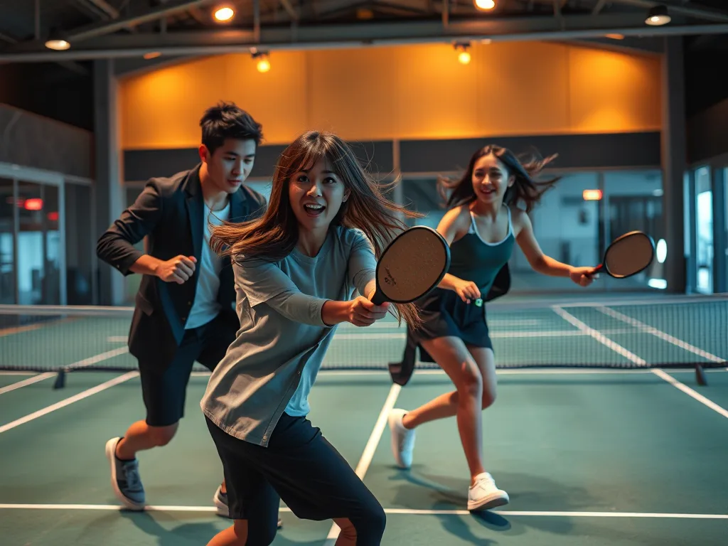 Hồ Ngọc Hà và dàn sao Việt chơi pickleball trong buổi chụp ảnh tại sân thể thao sang trọng, trang phục thể thao, ánh sáng studio rực rỡ. Hồ Ngọc Hà và dàn sao Việt chơi pickleball trong buổi chụp ảnh tại sân thể thao sang trọng, trang phục thể thao, ánh sáng studio rực rỡ.