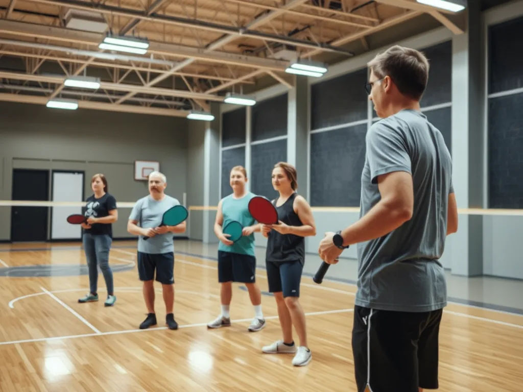 Học viên tham gia lớp học Pickleball uy tín tại Hà Nội với huấn luyện viên hướng dẫn tập luyện trong phòng thi đấu thể thao