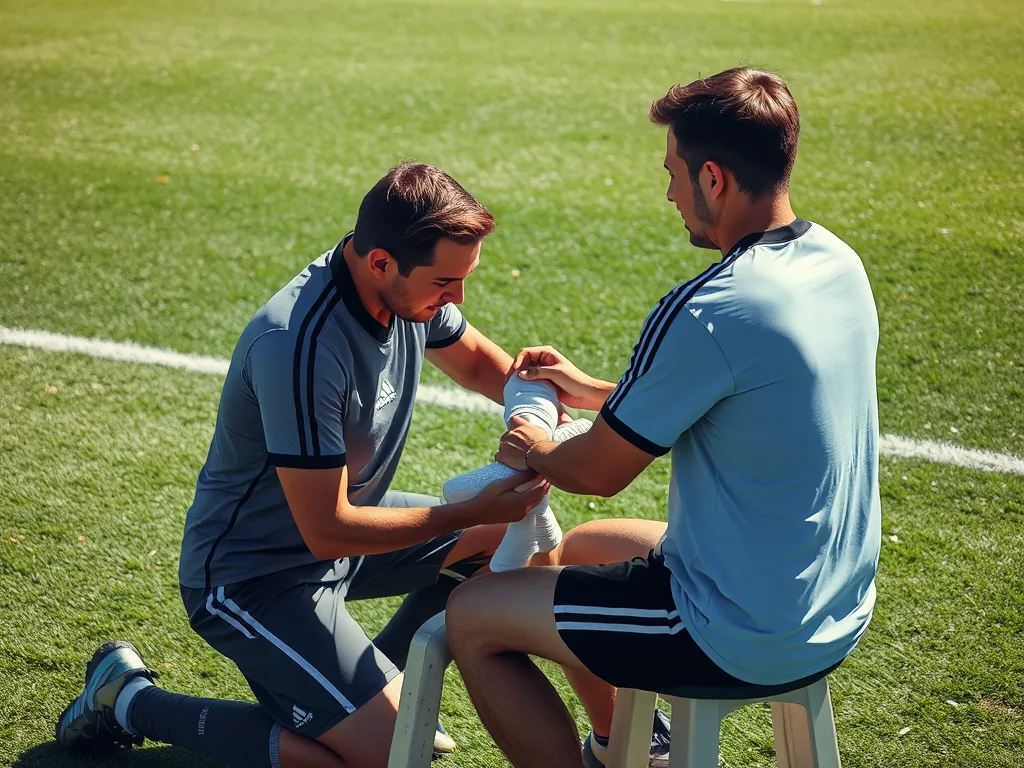 Huấn luyện viên thể thao sơ cứu nhanh chấn thương cổ chân cho vận động viên trên sân bóng đá bằng cách nâng chân, đắp túi đá và băng dán. Huấn luyện viên thể thao sơ cứu nhanh chấn thương cổ chân cho vận động viên trên sân bóng đá bằng cách nâng chân, đắp túi đá và băng dán.