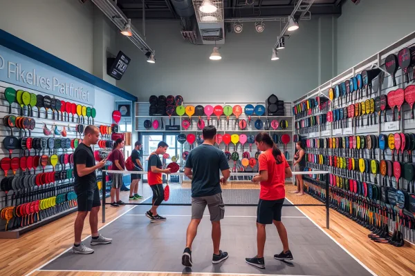 Khách hàng thử nghiệm gậy Pickleball tại một trong những địa chỉ bán dụng cụ Pickleball uy tín nhất Hà Nội, cửa hàng thể thao đầy đủ trang thiết bị.